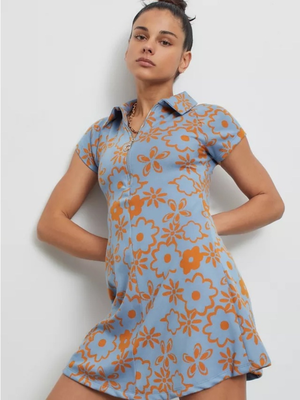 Urban Outfitters Blue and Orange Floral Zip Polo Mini Dress